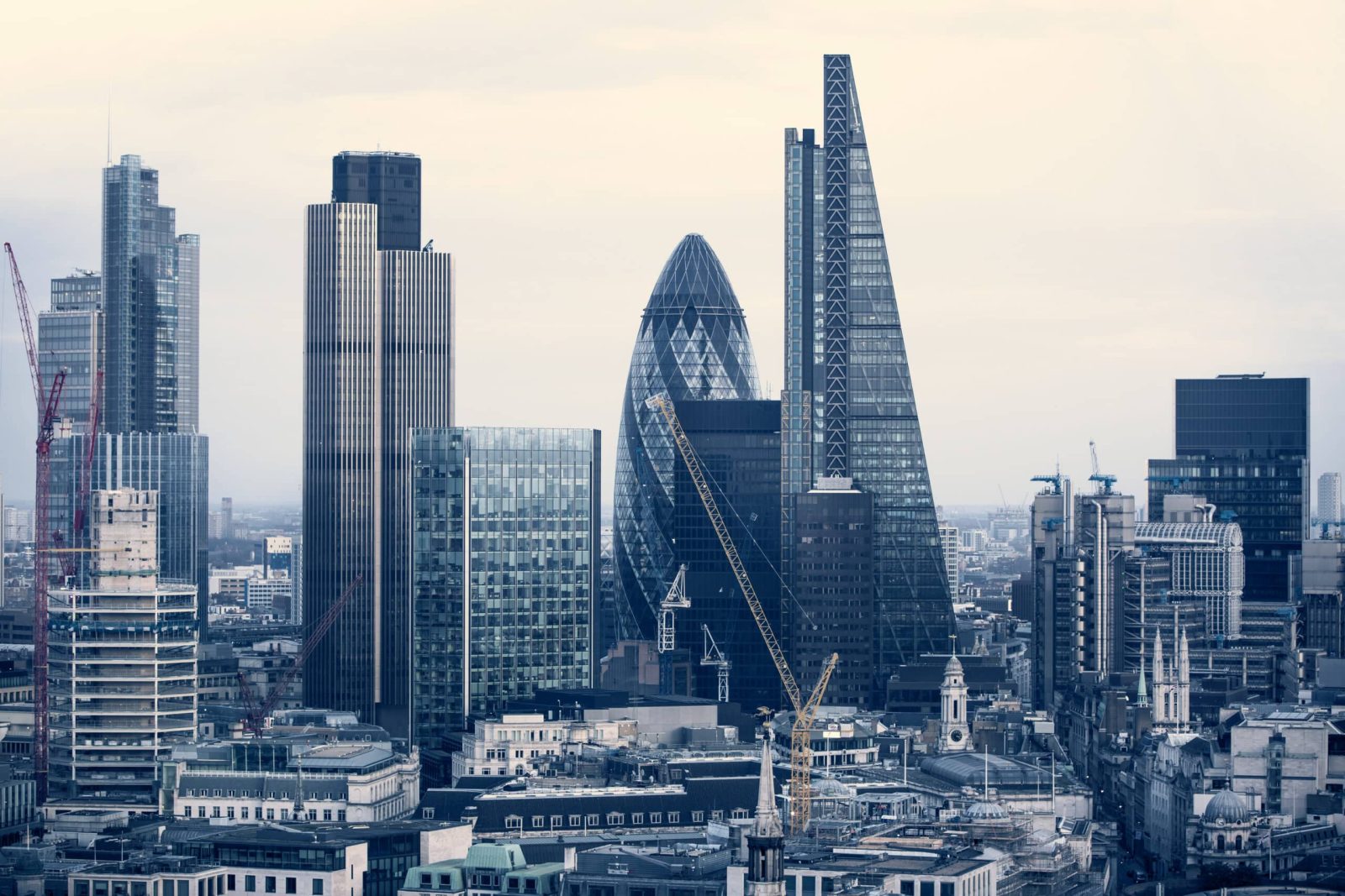 City of London business aria view at sunset. View includes Gherk