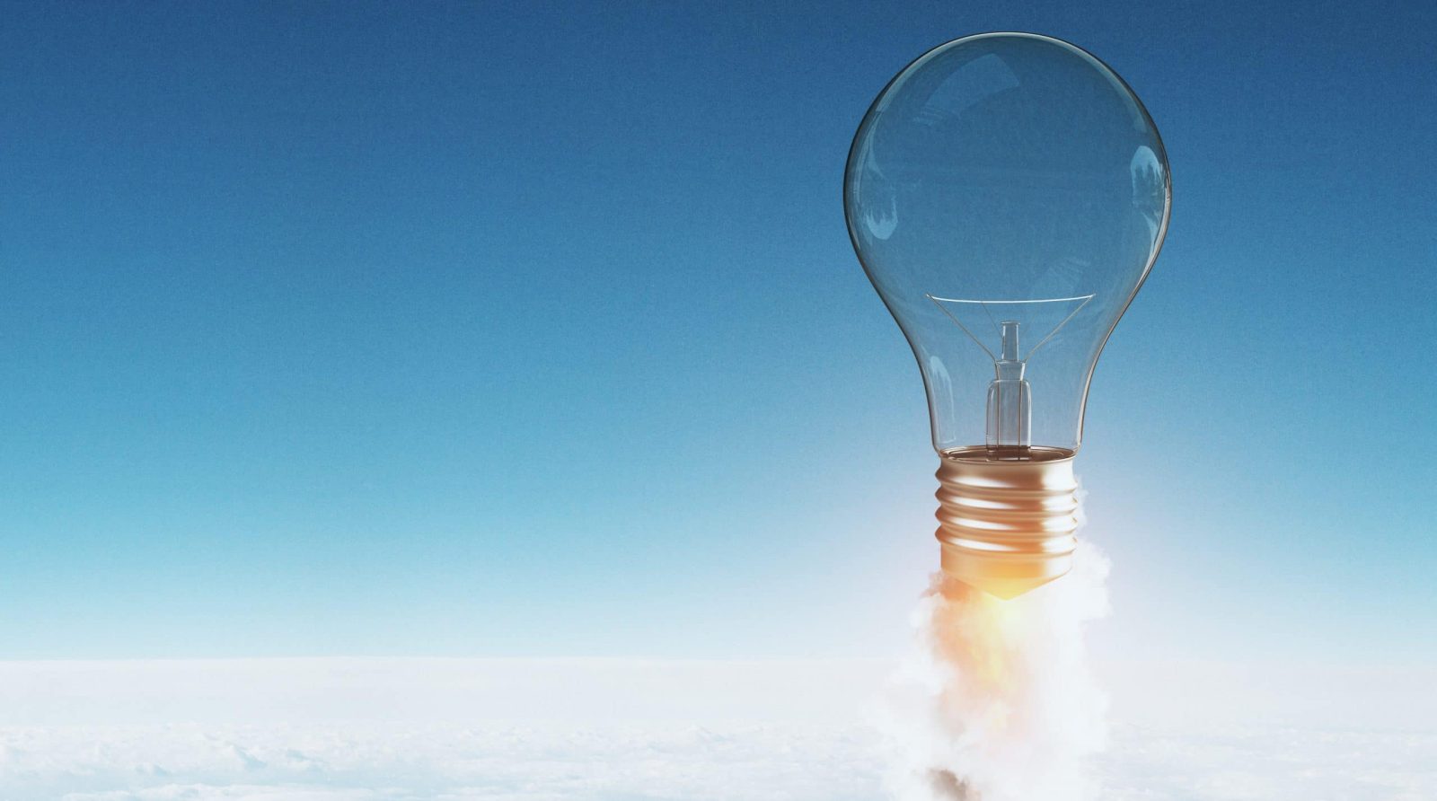 Launching light bulb on blue sky background. Startup and innovation concept. 3D Rendering